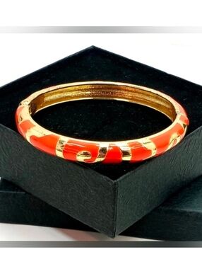 Vintage Orange Champleve Enamel Hinged Bangle Bracelet Gold Accented